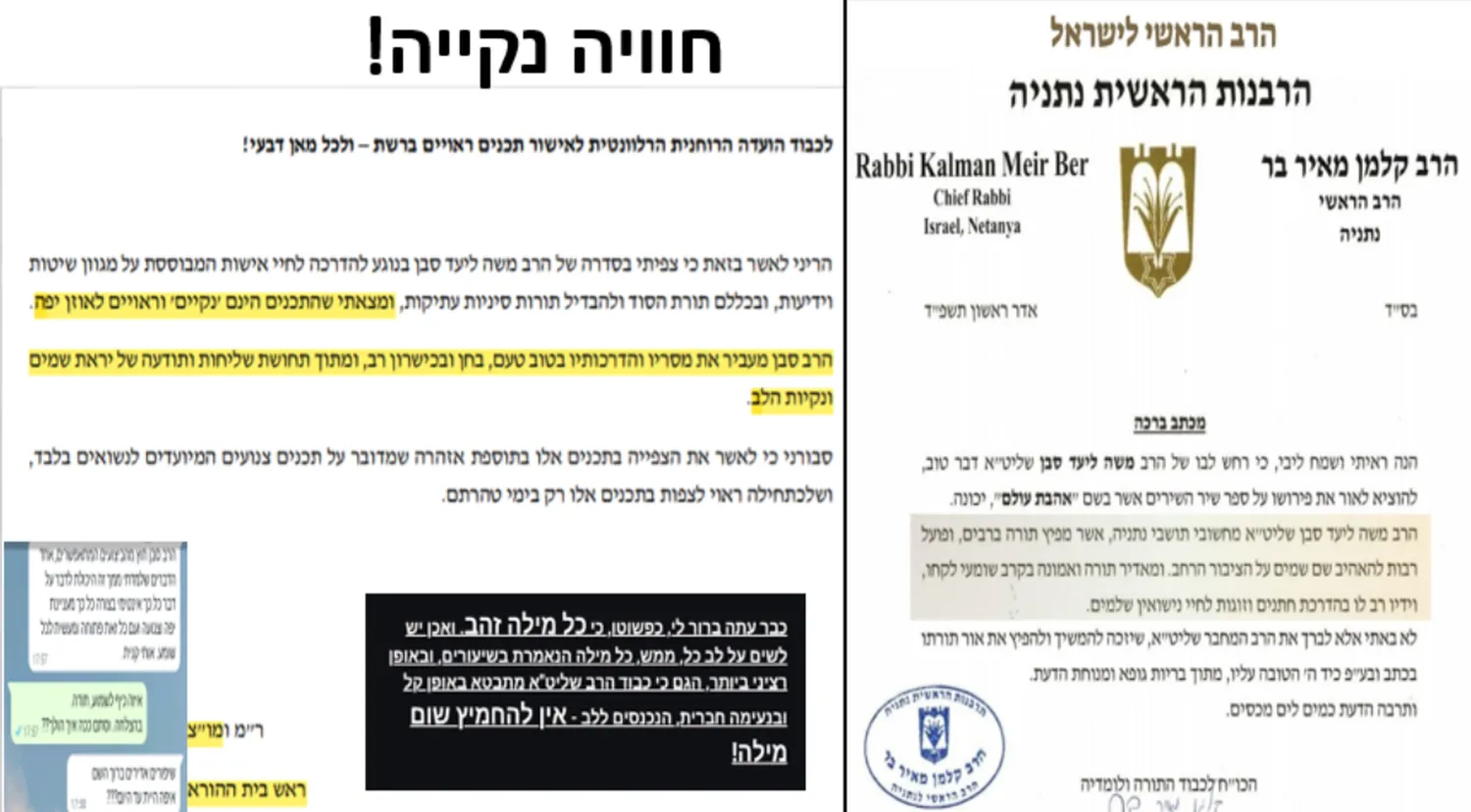 מכתבי הסכמה מהרבנות הראשית נתניה